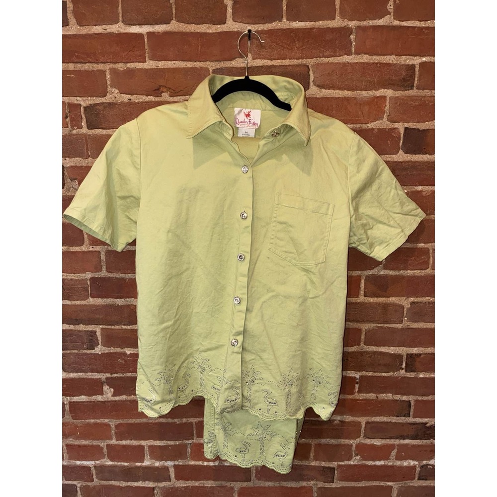 Quacker Factory Women M Lime Green Shirt & Pants Set Bling Palm Tree Y2K